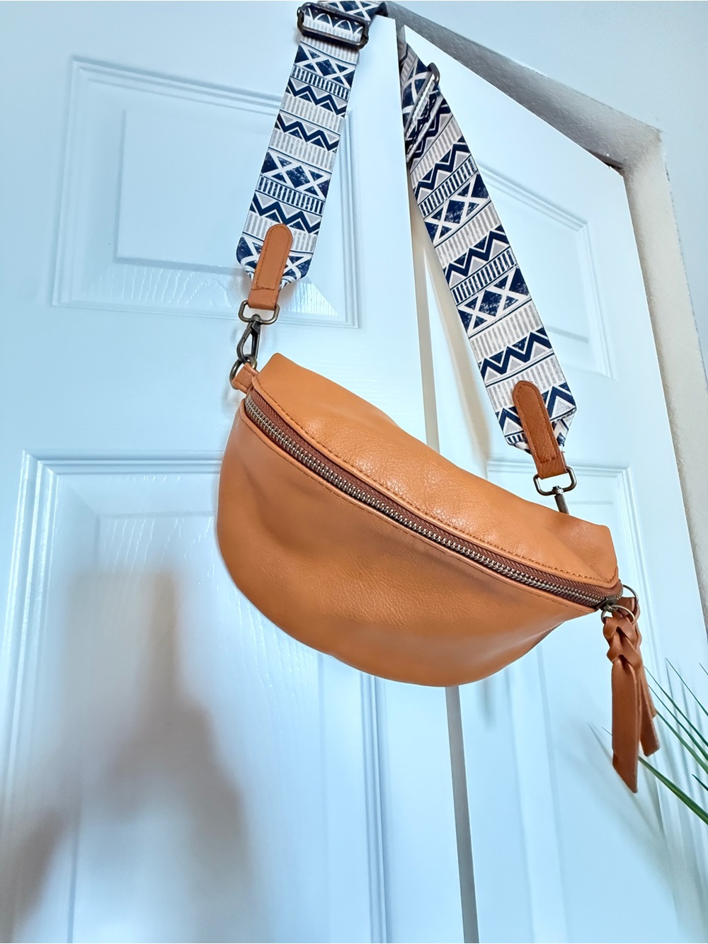 Hobby Lobby Tan Leather Crossbody Belt Bag with Patterned Strap